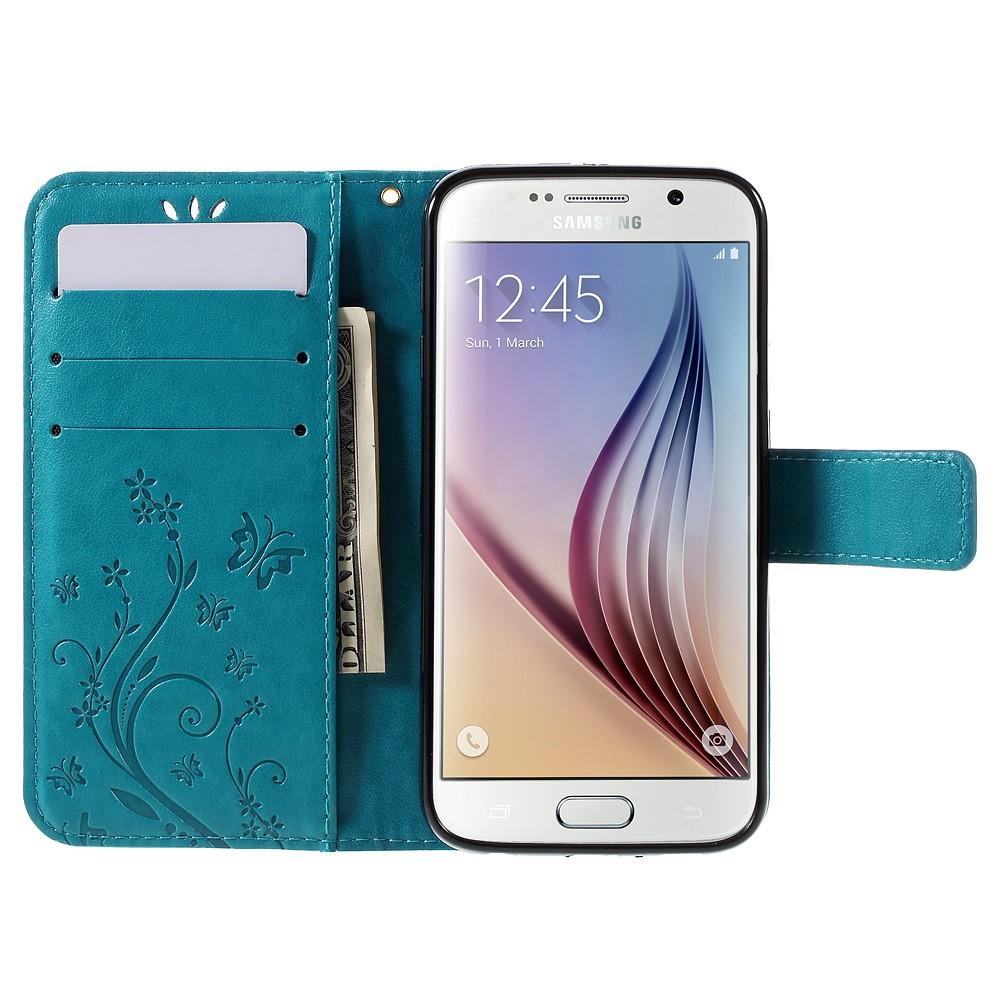 Étui en cuir à papillons pour Samsung Galaxy S6, bleu