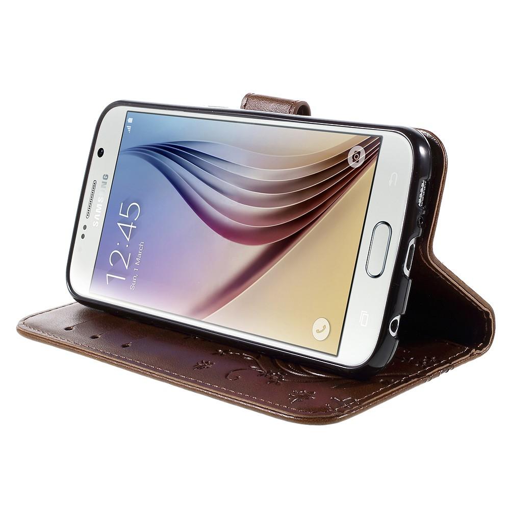 Étui en cuir à papillons pour Samsung Galaxy S6, marron