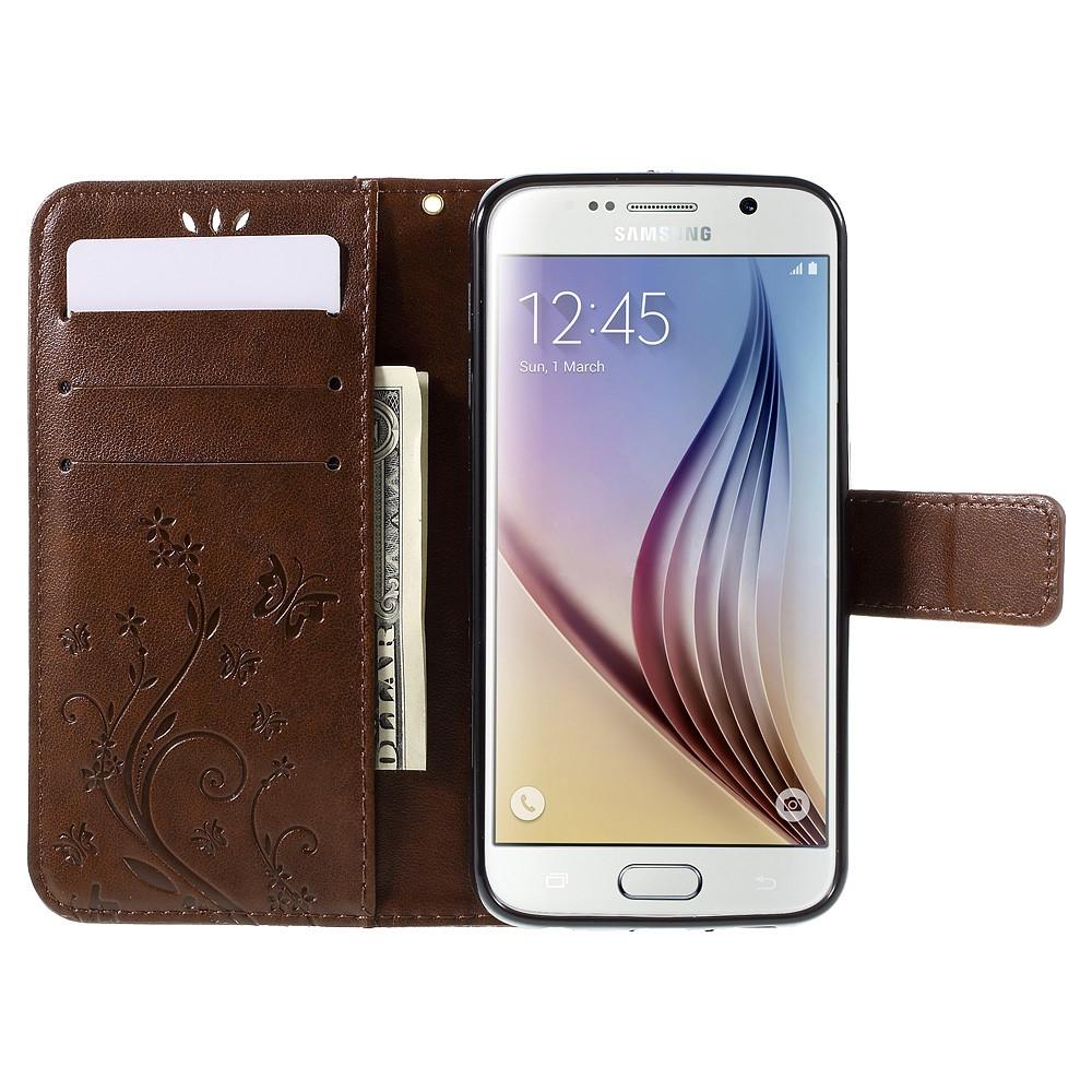 Étui en cuir à papillons pour Samsung Galaxy S6, marron