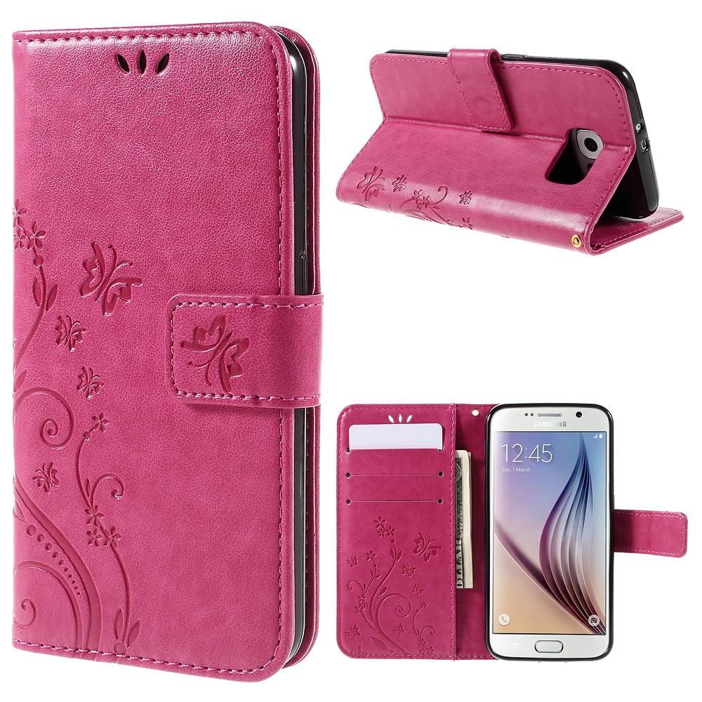 Étui en cuir à papillons pour Samsung Galaxy S6, rose