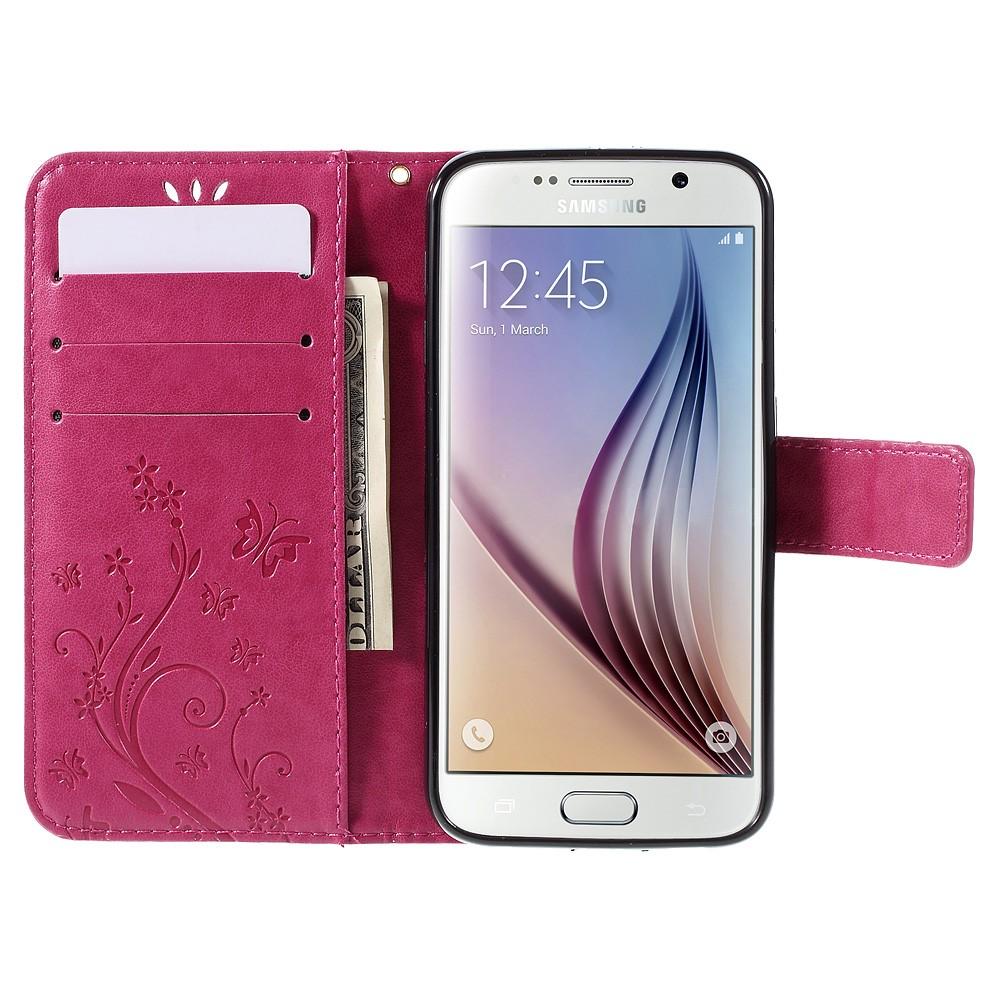 Étui en cuir à papillons pour Samsung Galaxy S6, rose