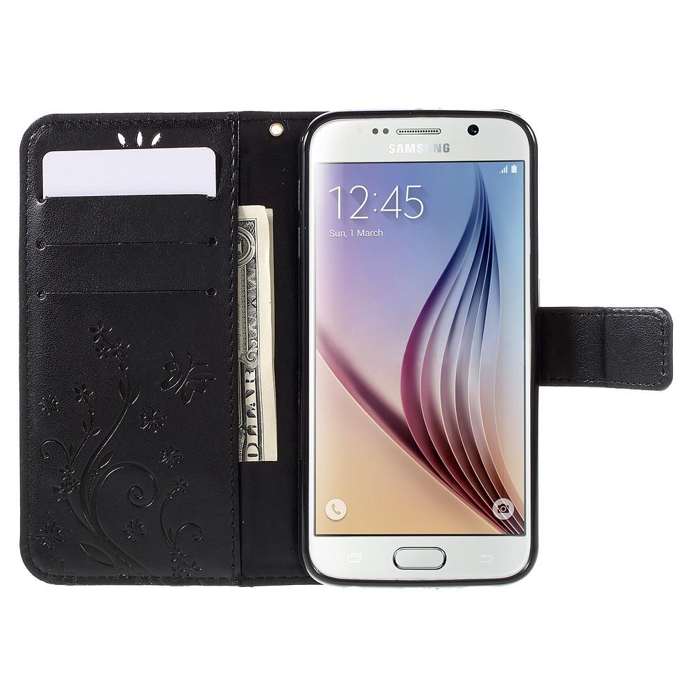 Étui en cuir à papillons pour Samsung Galaxy S6, noir