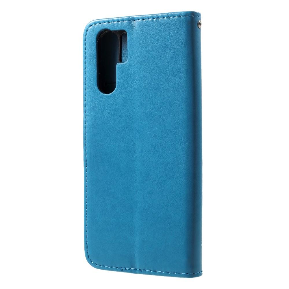 Étui en cuir à papillons pour Huawei P30 Pro, bleu