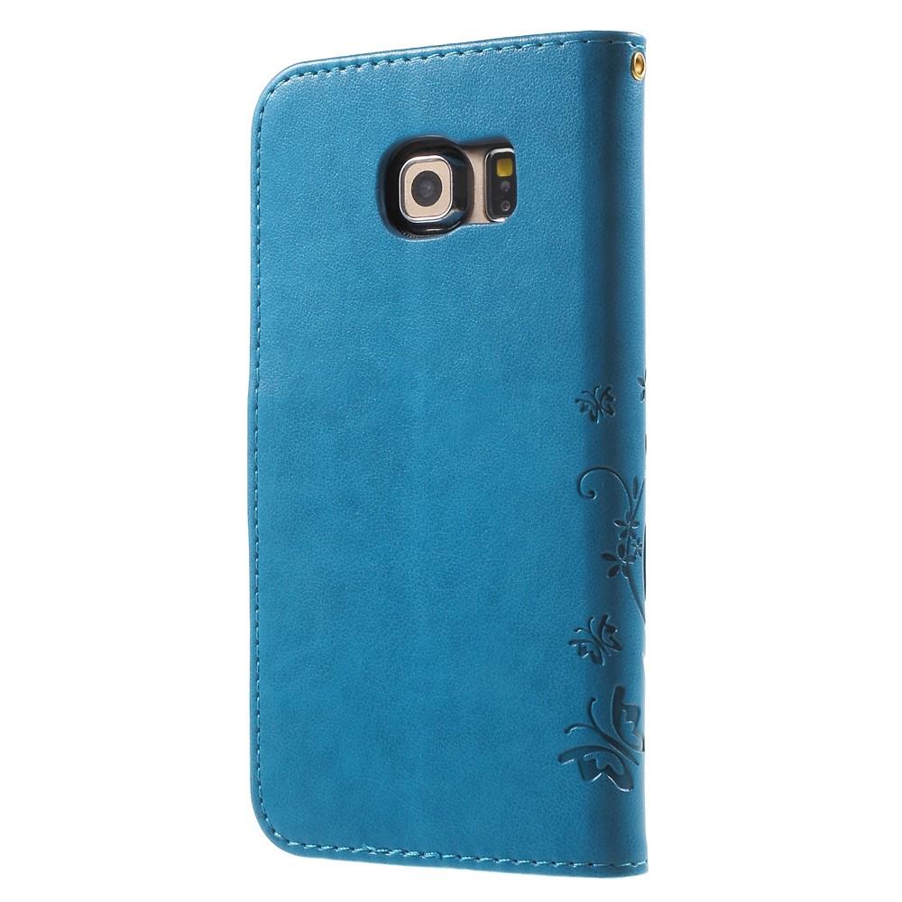 Étui en cuir à papillons pour Samsung Galaxy S6 Edge, Bleu