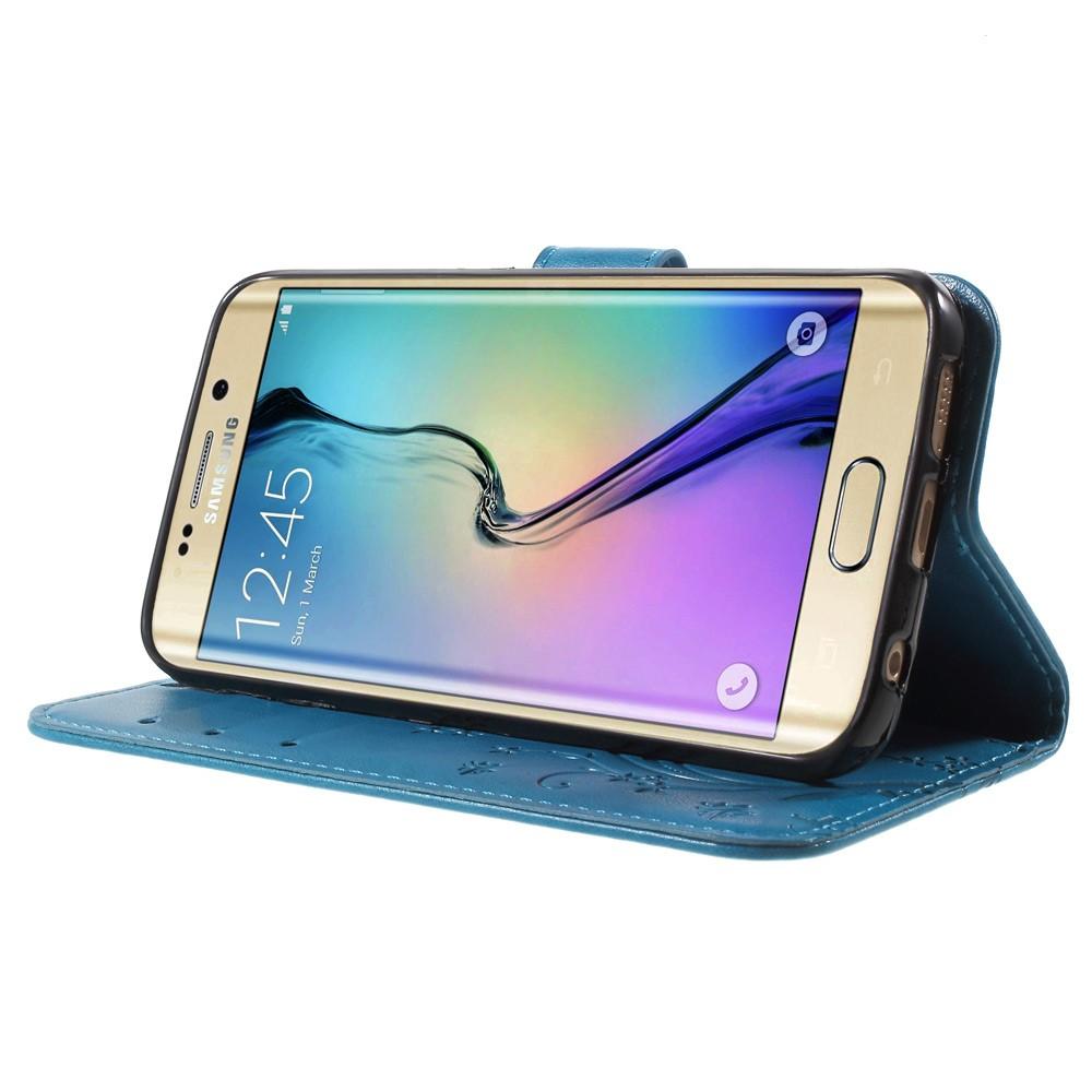 Étui en cuir à papillons pour Samsung Galaxy S6 Edge, Bleu