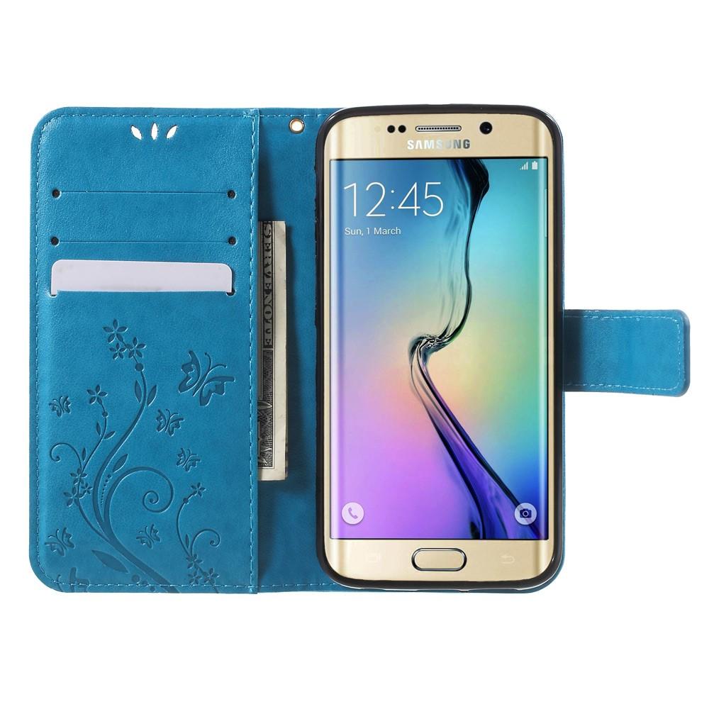 Étui en cuir à papillons pour Samsung Galaxy S6 Edge, Bleu