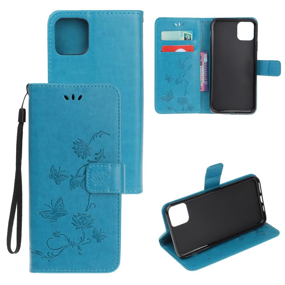 Étui en cuir à papillons pour iPhone 12/iPhone 12 Pro, Bleu