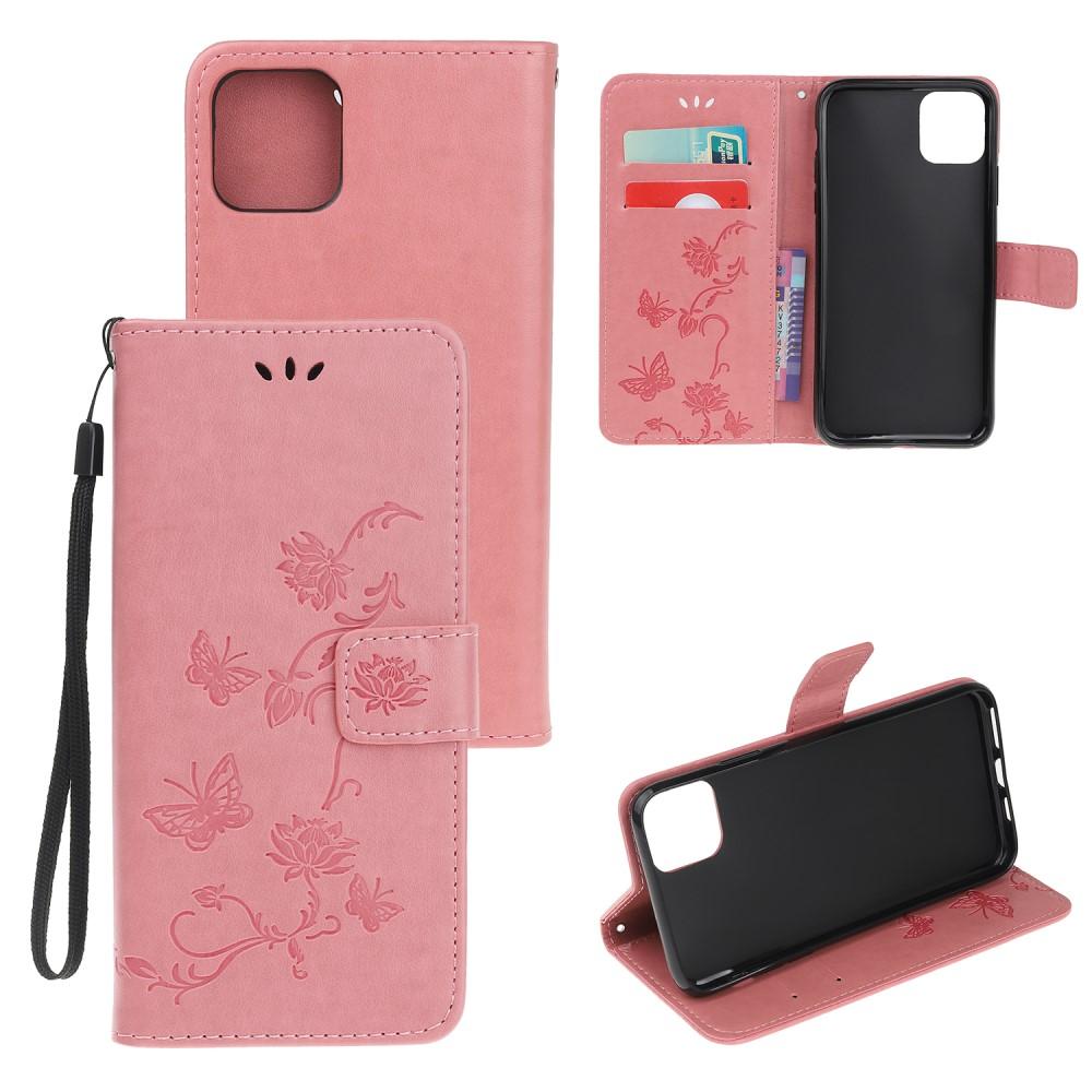 Étui en cuir à papillons pour iPhone 12/iPhone 12 Pro, Rose