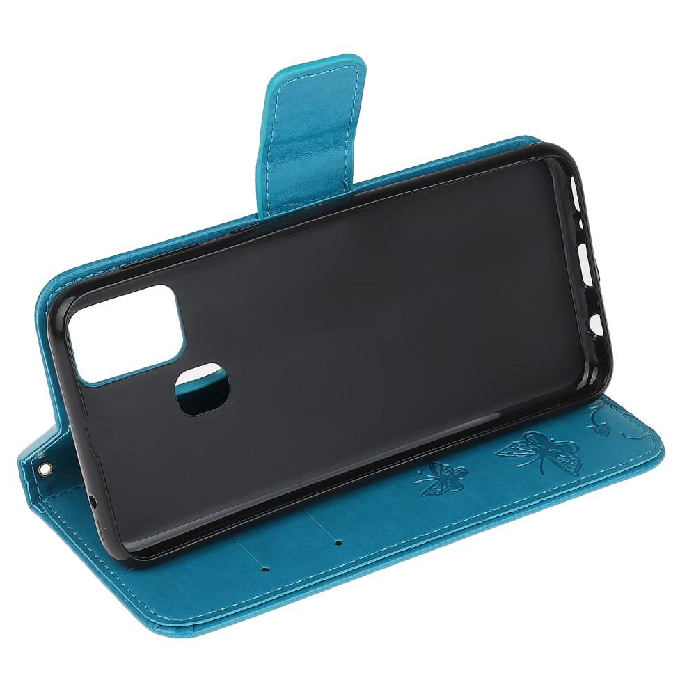Étui en cuir à papillons pour Samsung Galaxy A21s, Bleu
