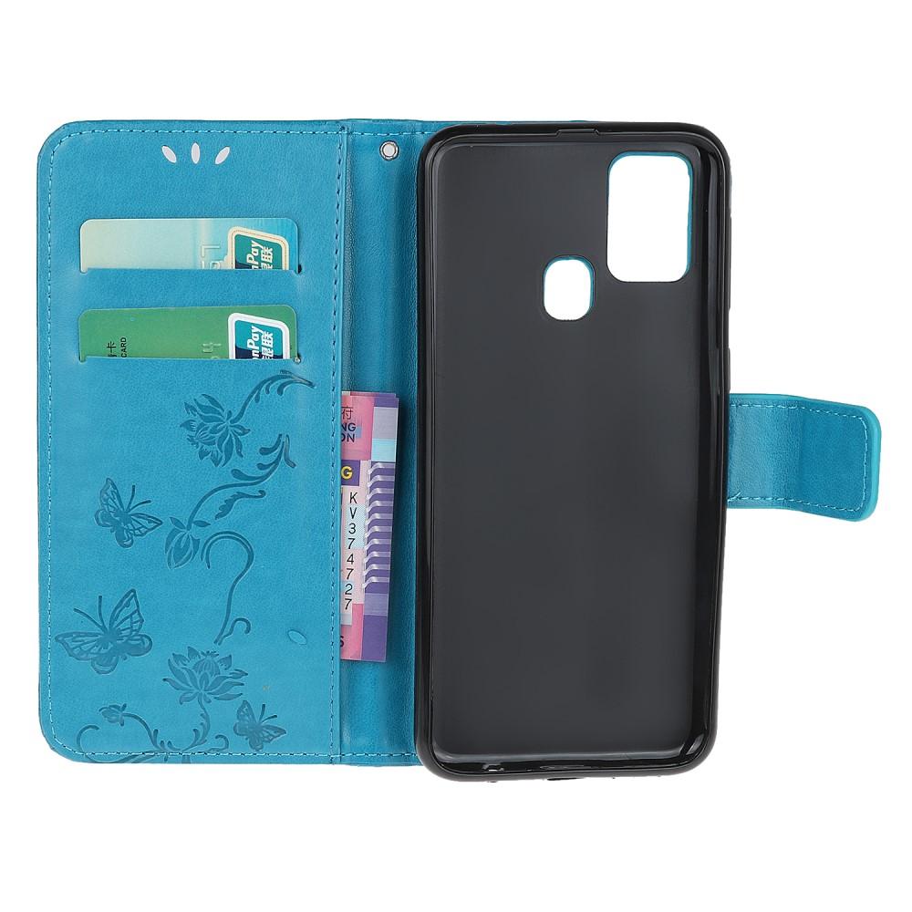 Étui en cuir à papillons pour Samsung Galaxy A21s, Bleu