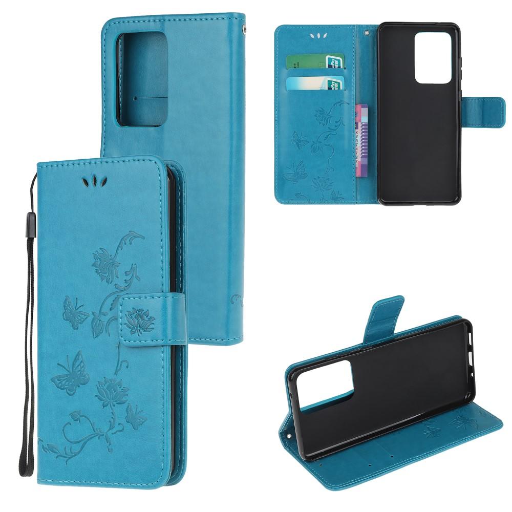 Étui en cuir à papillons pour Samsung Galaxy S21 Ultra, Bleu