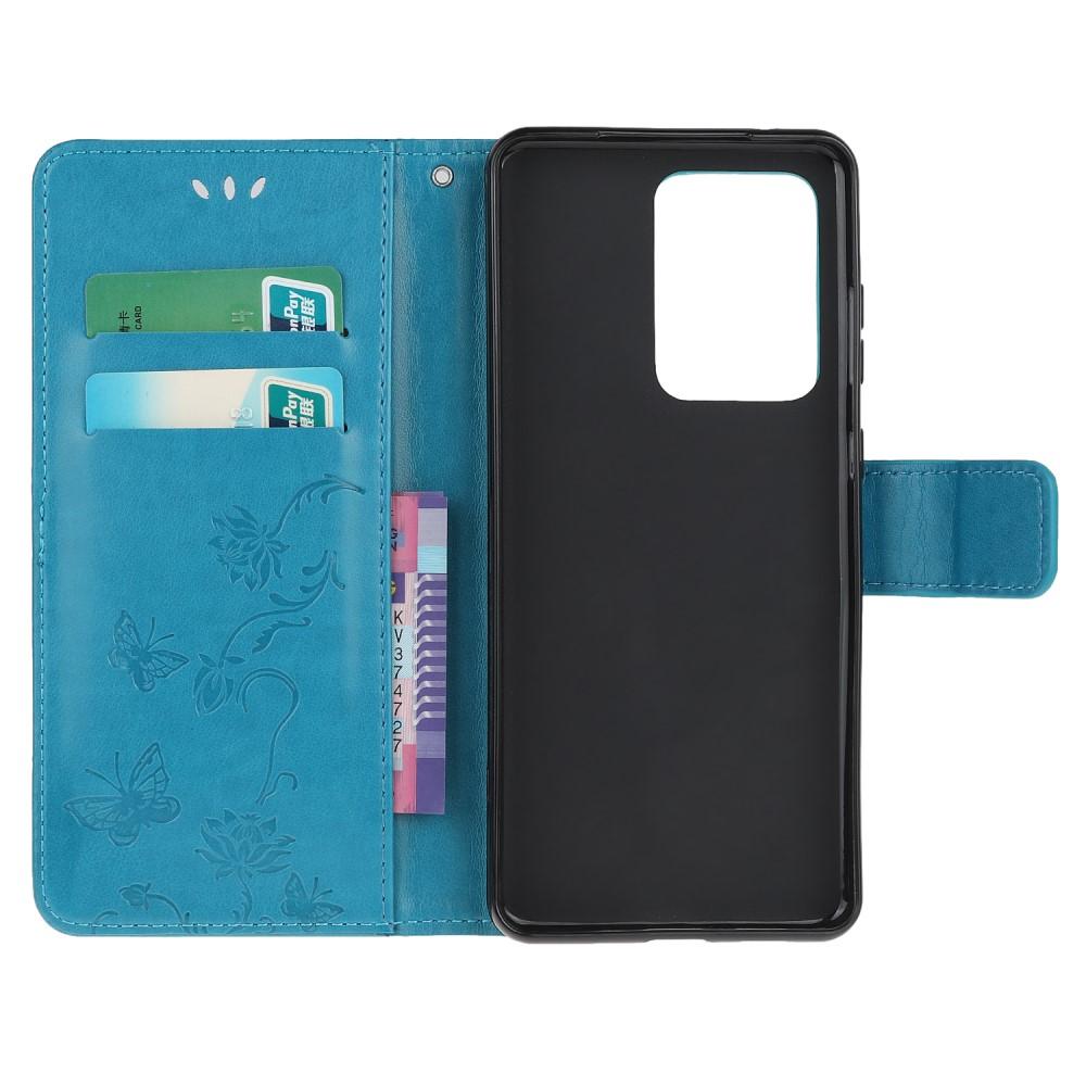 Étui en cuir à papillons pour Samsung Galaxy S21 Ultra, Bleu