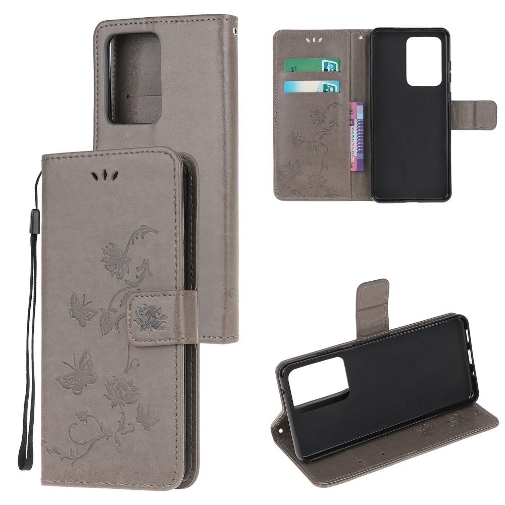 Étui en cuir à papillons pour Samsung Galaxy S21 Ultra, Gris