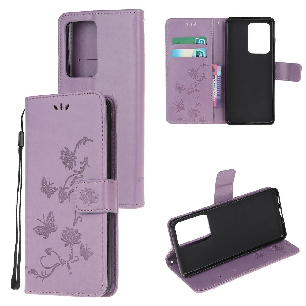 Étui en cuir à papillons pour Samsung Galaxy S21 Ultra, violet