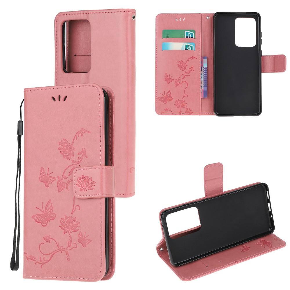Étui en cuir à papillons pour Samsung Galaxy S21 Ultra, Rose