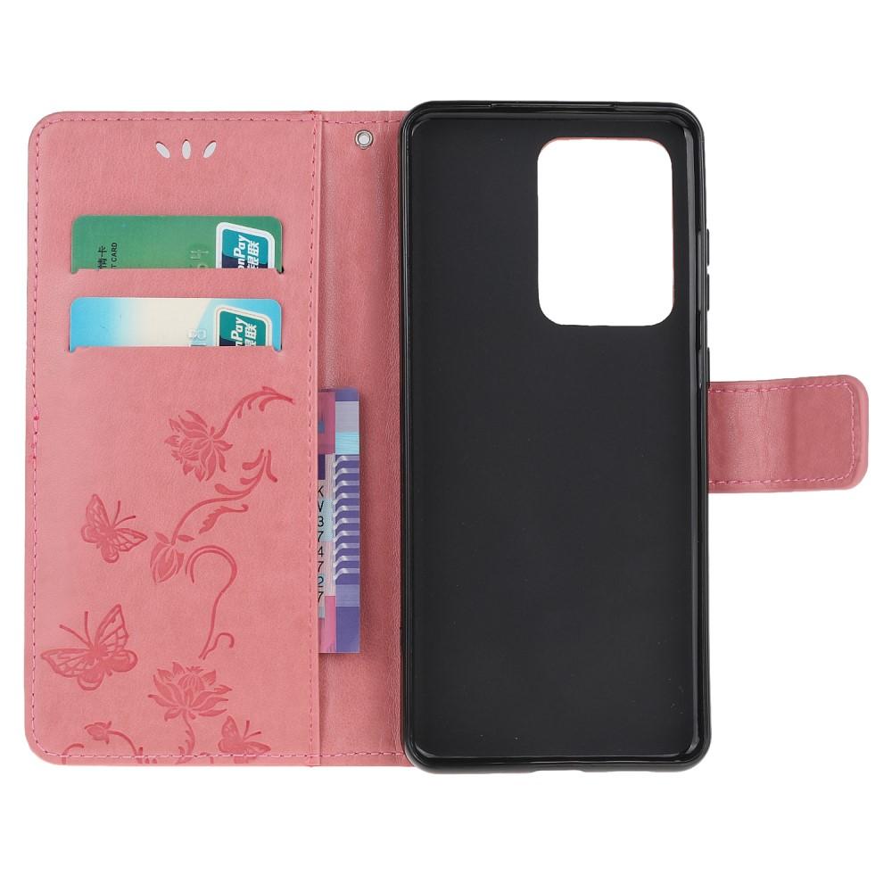Étui en cuir à papillons pour Samsung Galaxy S21 Ultra, Rose