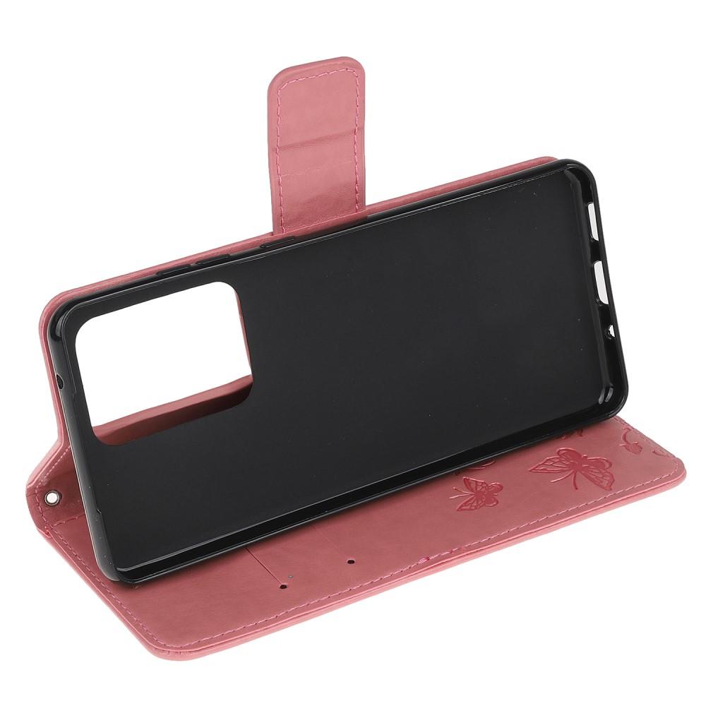 Étui en cuir à papillons pour Samsung Galaxy S21 Ultra, Rose