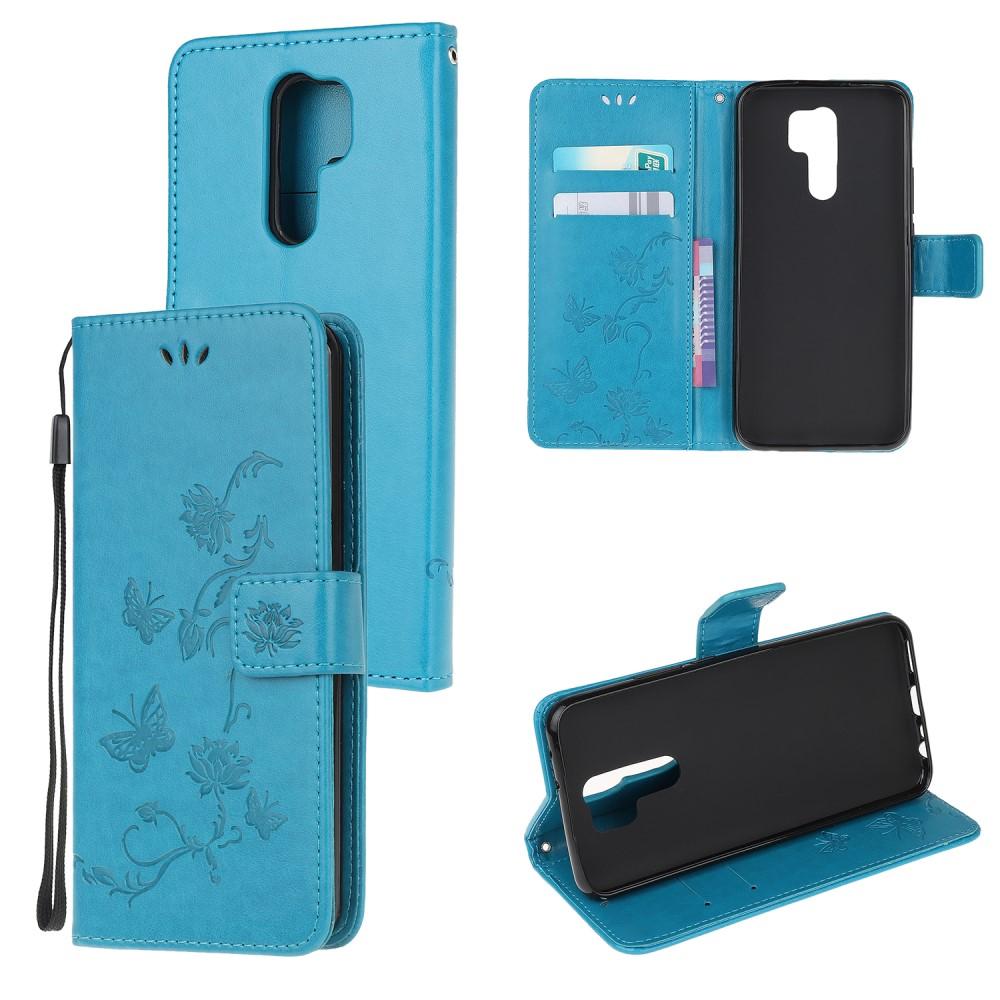 Étui en cuir à papillons pour Xiaomi Redmi 9, bleu