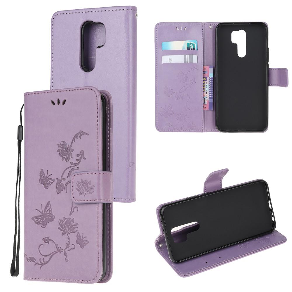 Étui en cuir à papillons pour Xiaomi Redmi 9, violet