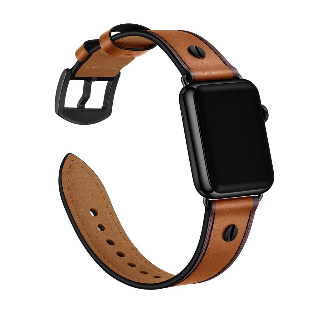 Bracelet en cuir clouté Apple Watch 42mm, cognac