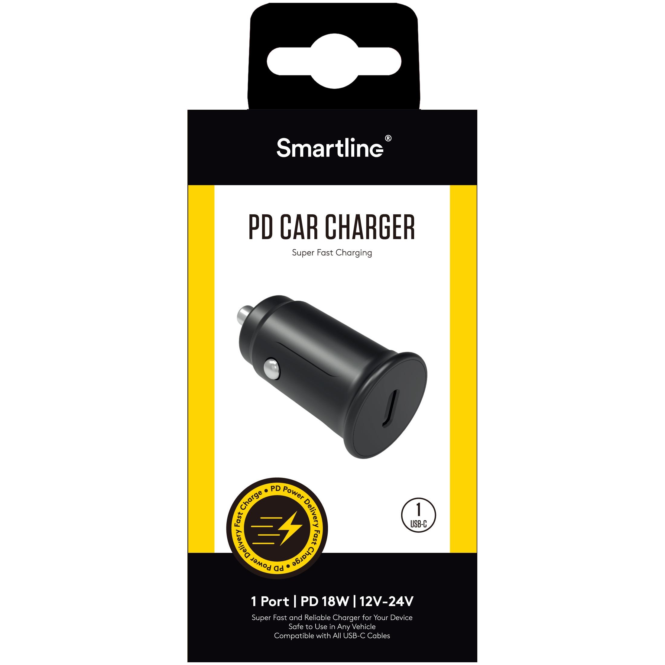 Chargeur de voiture Power Delivery USB-C 18W 12V-24V Noir